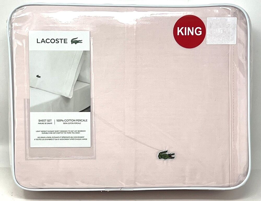 Lacoste KING Sheet Set Iced Pink 100% Cotton Percale Crocodile Logo 4 Pieces